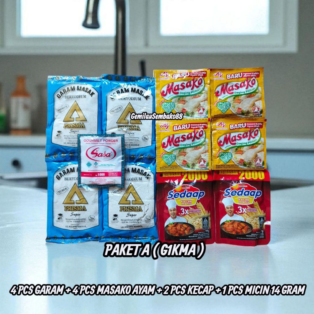 

PAKET HEMAT 12 RIBUAN 4 PCS GARAM 100 GRAM + 4 PCS ROYCO / MASAKO / SEDAAP KALDU + 2 PCS KECAP SEDAAP + 1 PCS SASA MICIN 14 GRAM / BUMBU DAPUR / GARAM / GAREM