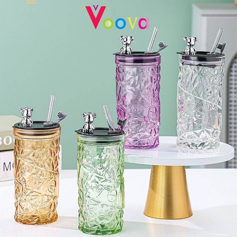 VOOVA Gelas Kaca/ Tumbler Kaca Aesthetic/ Bear Lid Glass/ Gelas Kaca Borosilicate Tinggi/ Cangkir Mi