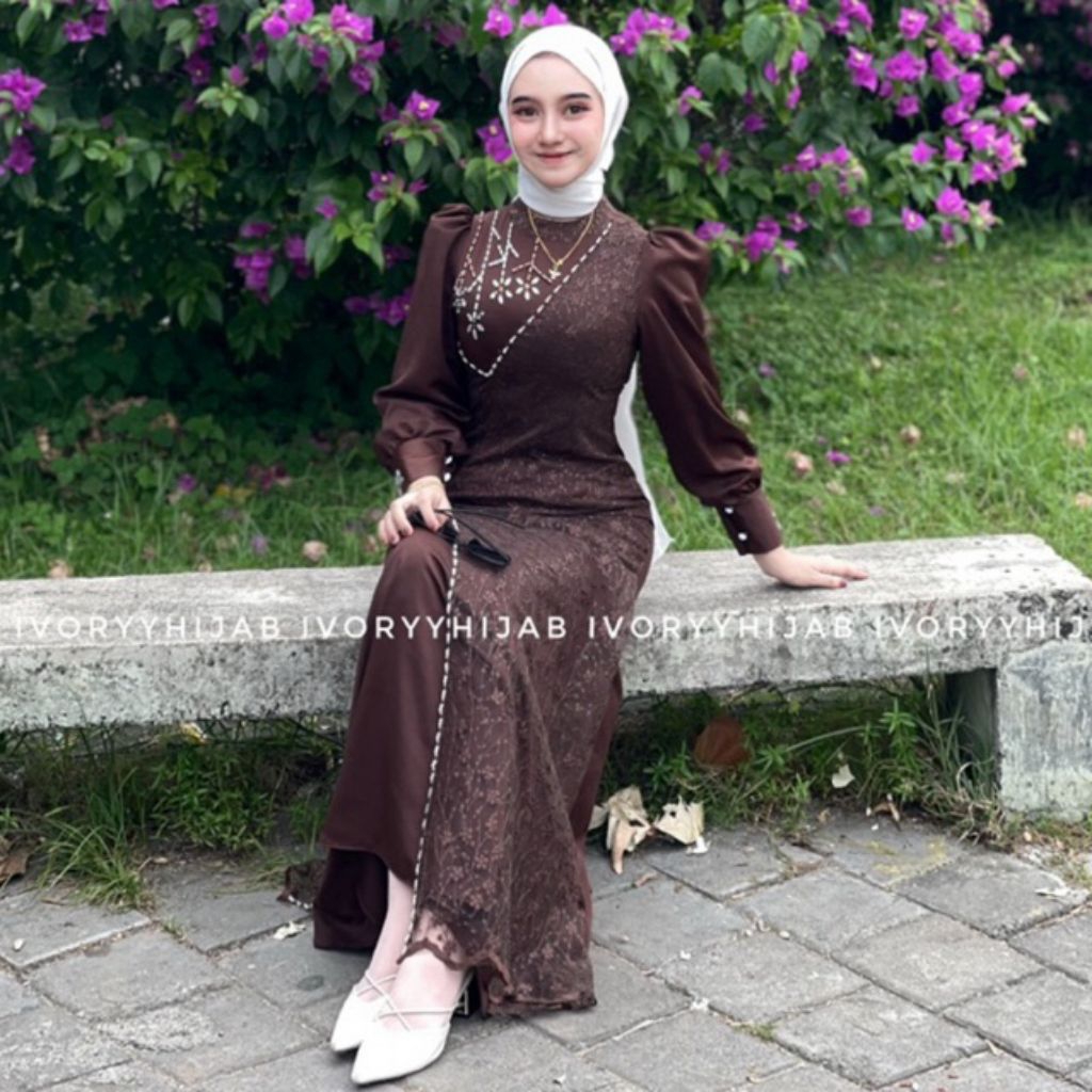 Ivory Hijab - Dress kondangan - Dress Full brukat