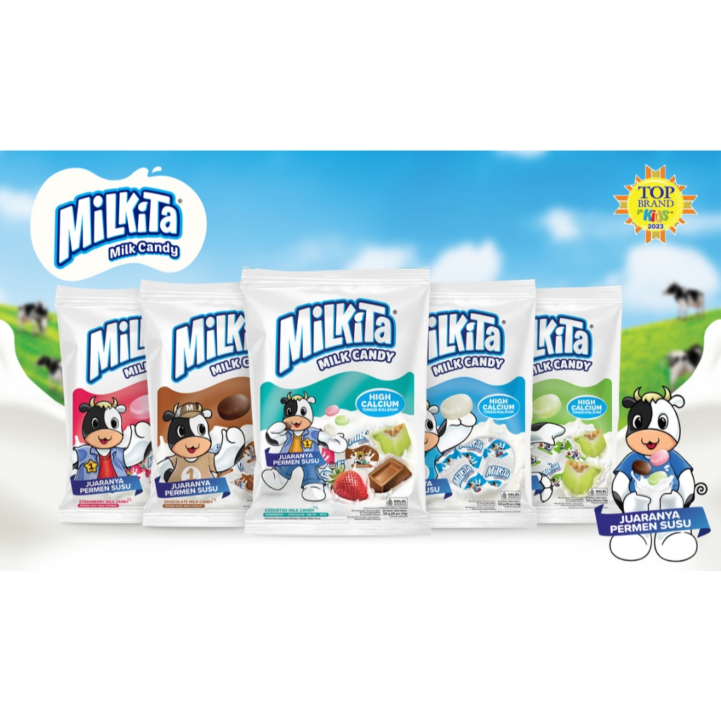 

Permen Lunak / Candy Milk Chewy Milkita Susu, Chocolate, Melon, Strawberry 120 Gr isi 30 pcs @ 4 Gr, Lolipop Assorted 108 Gr