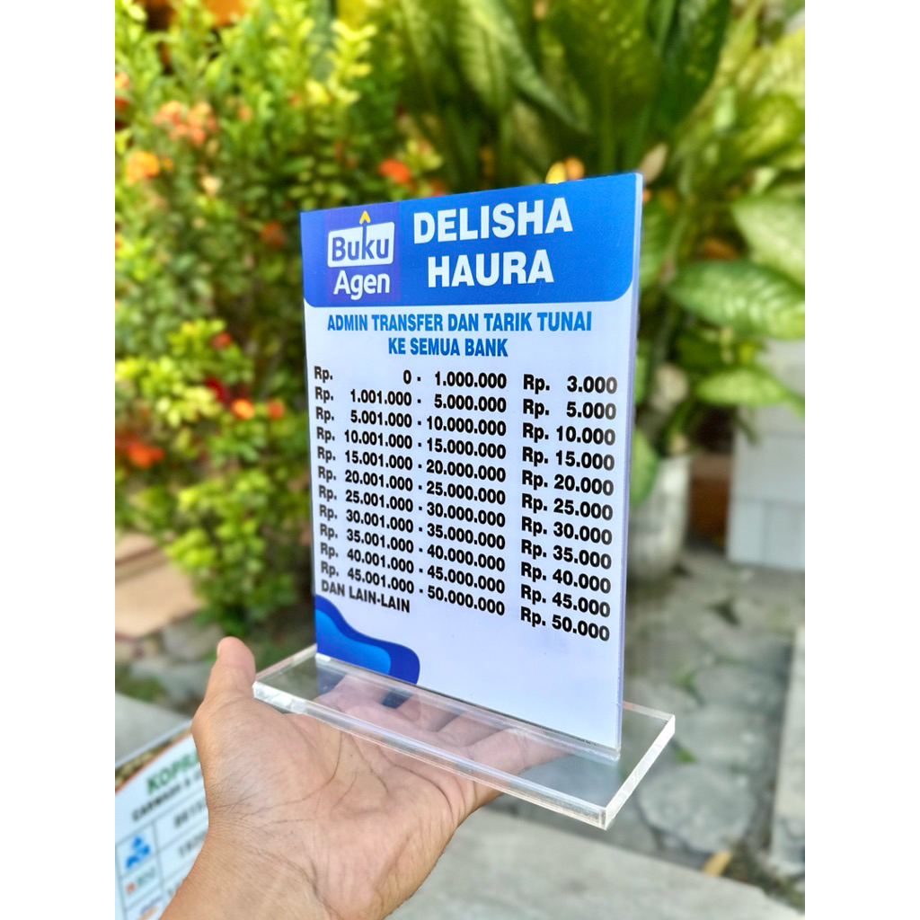 

AKRILIK MEJA BUKU AGEN UKURAN 15x20cm BISA CUSTOM NAMA TOKO DAN TARIF LAYANAN