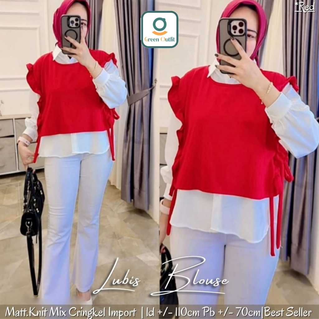 Lubis blouse wanita jumbo ld 110 matt knit rajut mix crincle baju atasan polos merah putih agustus