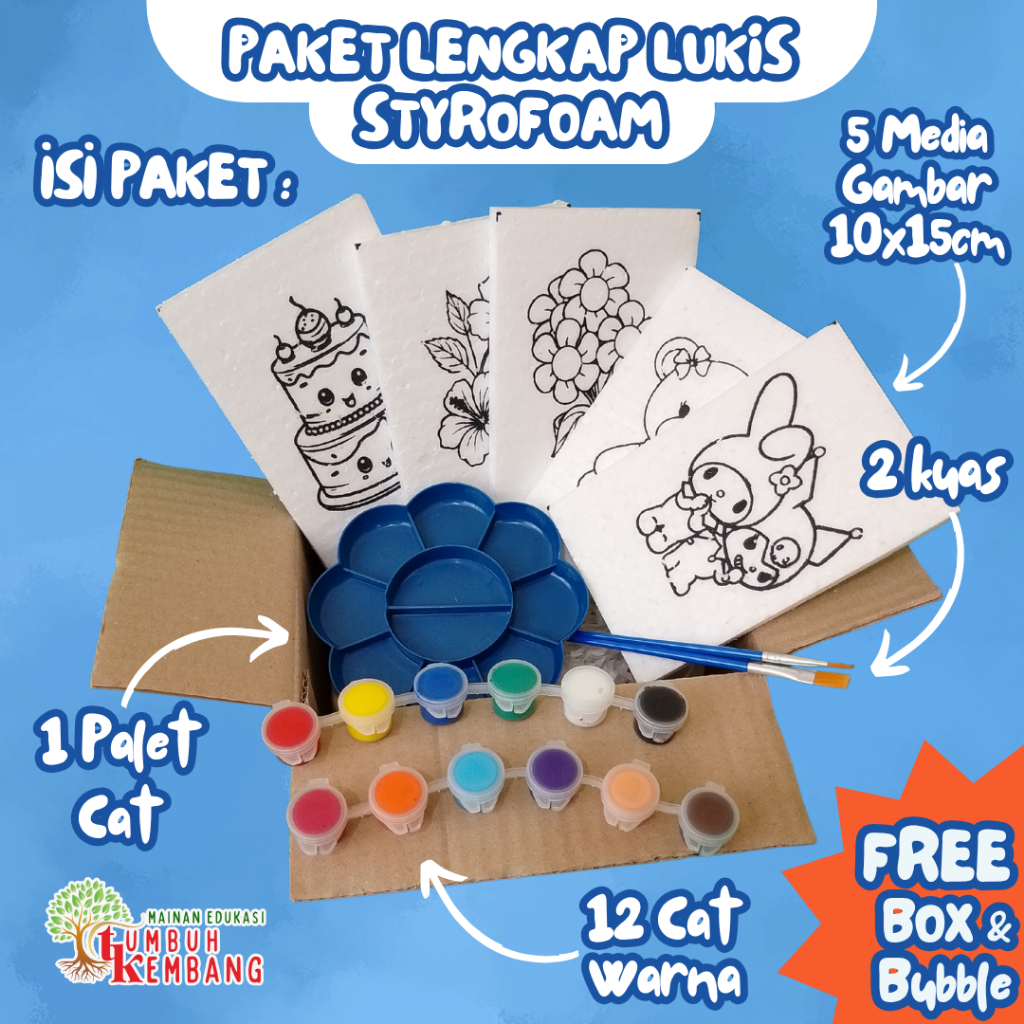 

PAKET HEMAT PAINTING FREE MEWARNAI STYROFOAM MINI 10 X 15 CM + Box FREE 12 Cat Kuas dan Palet Mainan Edukasi Anak