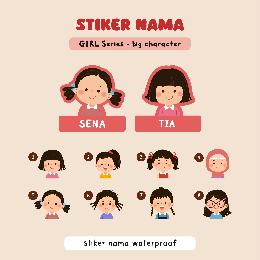 

stiker nama waterproof / label nama anak custom edisi girl big character series
