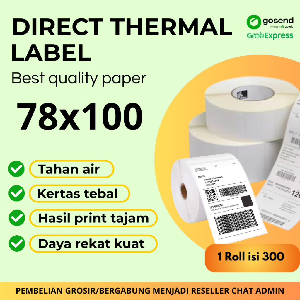 

Kertas Thermal Label Ukuran 78x100 isi 300 lbr (1 DUS ISI 36) – Label Pengiriman / Label Barcode / Label Harga – Tanpa Tinta – Cetak Mudah & Cepat