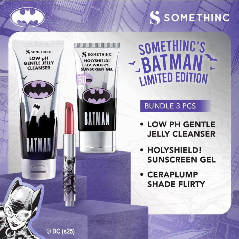 SOMETHINC [3 PCS] Skincare & Lip Care Batman Edition (Holyshied UV Watery Sunscreen Gel, Low pH Gent