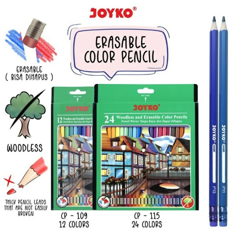 

Lienfy Pensil Warna Panjang Joyko 12 / 24 Warna CP-109 CP-115 Pinsil Mewarnai Penghapus Eraser / Colour Pencils Erasable