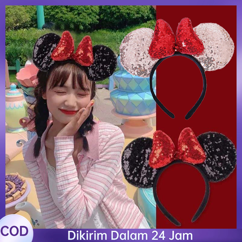 Bando Disne yland Mickey Mouse Premium, Bando Glitter Miki Jumbo, Headband Kuat & Stylish, Warna Cer