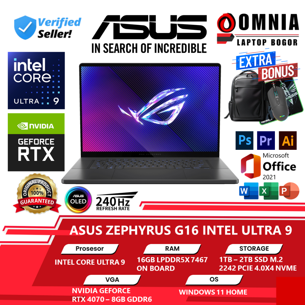 Laptop Gaming Asus Rog Zephyrus G16 GU605MI Intel Core Ultra 9 185H 16GB DDR5 2TB SSD RTX4070 OLED