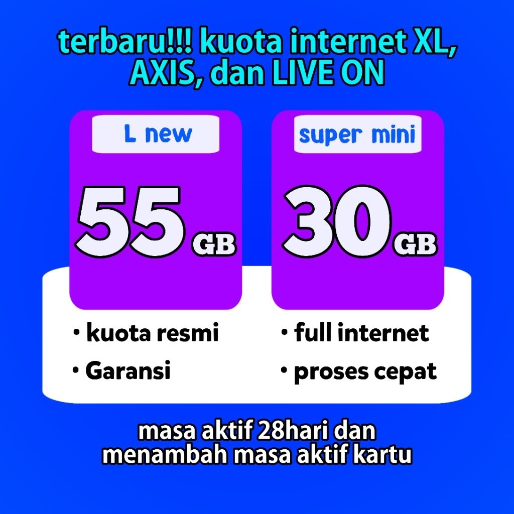 TERBARU KUOTA XL, AXIS DAN LIVE ON 24JAM 28-30HARI