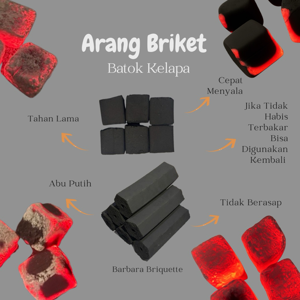 Arang Briket Batok Kelapa 1kg – Tahan Lama, Arang Briket Cube, Arang Briket Hexagonal, Tanpa Asap, C