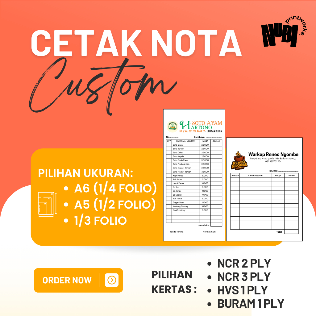 

Cetak Nota Custom 1/4 Folio 1/2 Folio 1/3 Folio A6 A5 Kertas HVS NCR Buram Murah SEHARI JADI