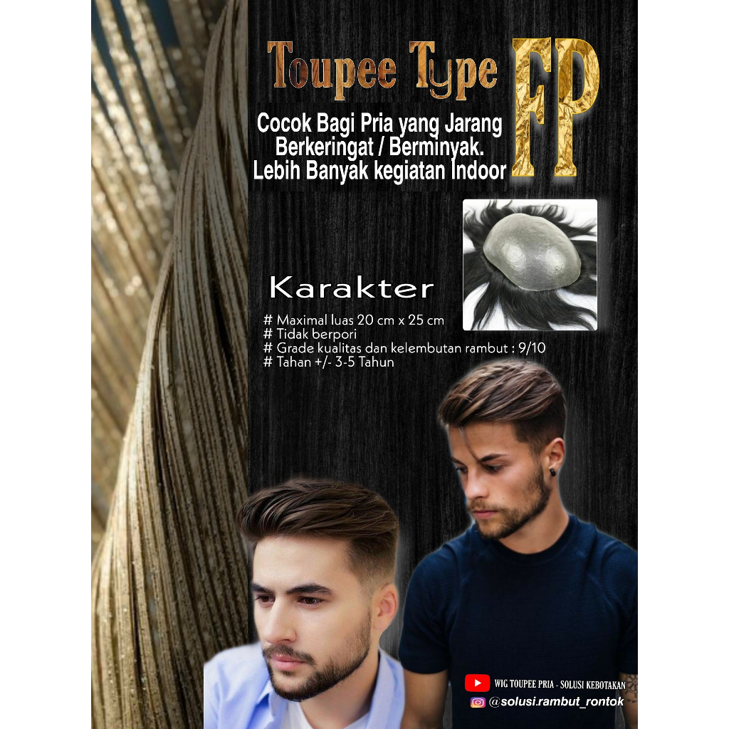 Hair toupee wig pria wanita rambut original asli 100% PREMIUM (FP)