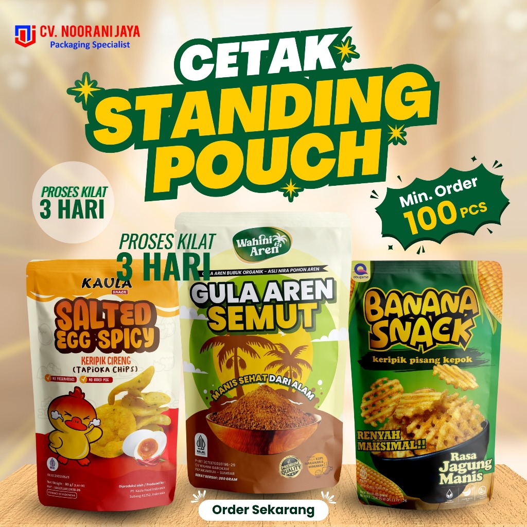 Cetak Kemasan Standing Pouch Custom Full Printing | Proses Cepat 3 Hari Minimal 100 Pcs