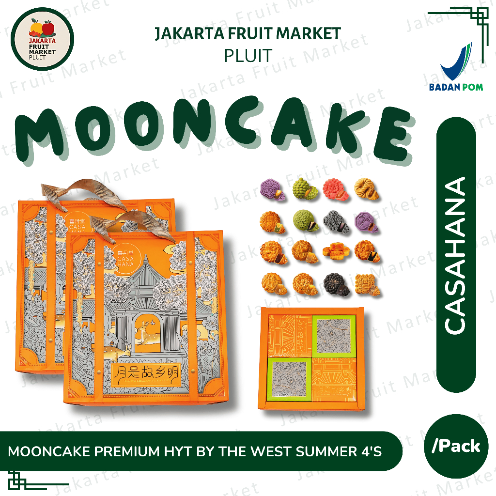 

KUE BULAN PREMIUM MOONCAKE CASAHANA HYT BY THE WEST OF SUMMERS 4'S (LS WHITE LOTUS 1 YOLK, RED BEAN, GREEN TEA LOTUS, PANDAN LOTUS)