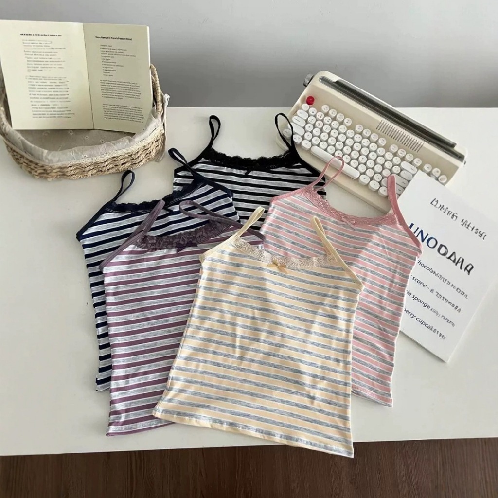 PEACHIE |BR2121 Baju Tanktop Bra With Cup Wanita Singlet Sexy Motif Garis-Garis Knit Fashion Korea