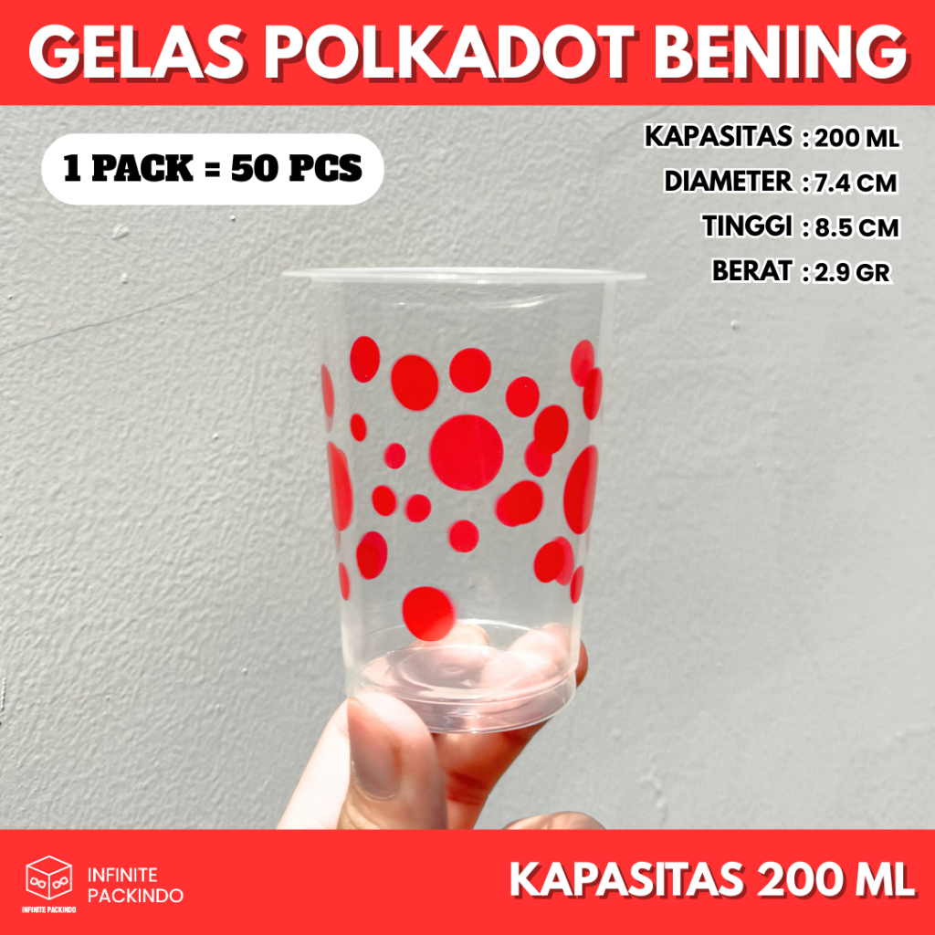 (ISI 50 PCS) Gelas Plastik Bola-Bola Bening 200ml / Gelas Polkadot Bening