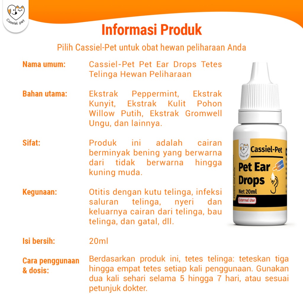 Cassiel Pet Obat Tetes Telinga Anjing/Kucing - Atasi Kutu, Parasit & Radang,Obat Telinga Gatal & Bau