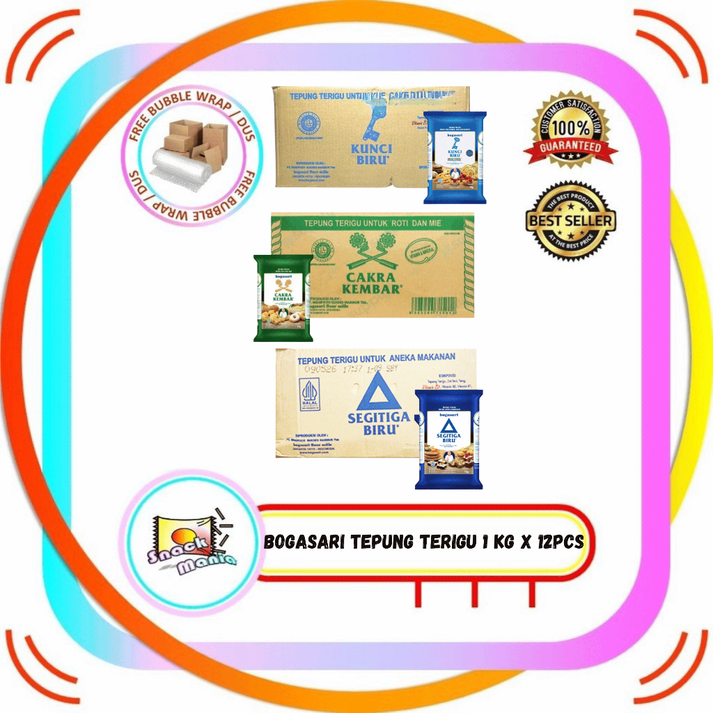

Tepung Terigu BOGASARI Premium Cakra Kembar Segitiga Kunci Biru ~ 1 kg x 12 pcs DUS
