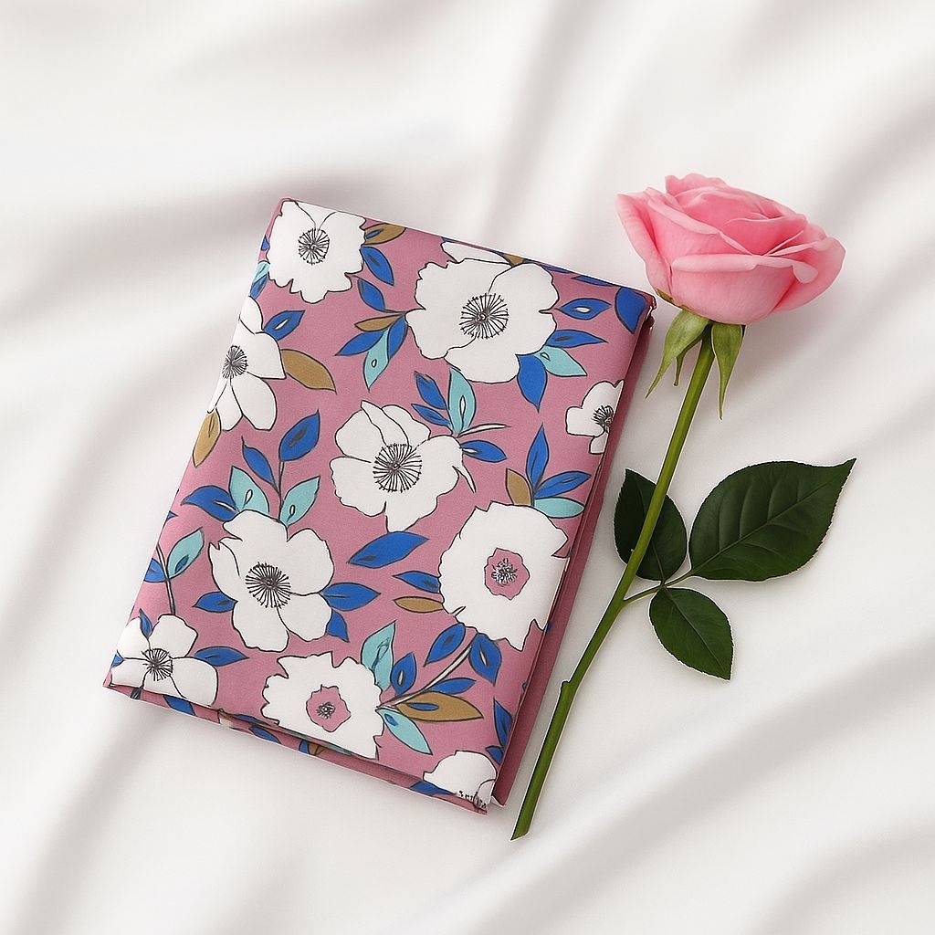 Kain Satin Silk Motif Floral | Bahan Lembut & Jatuh | Lebar 150cm Aj