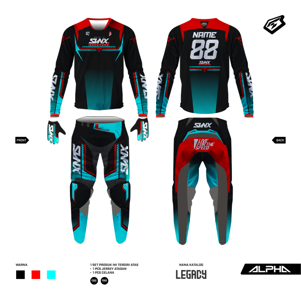 "MOTOCROSS APPAREL JERSEY MOTOCROSS TYPE ALPHA LEGACY SERIES JERSEY SET MOTOR TRAIL GEARSET SVNX PRE