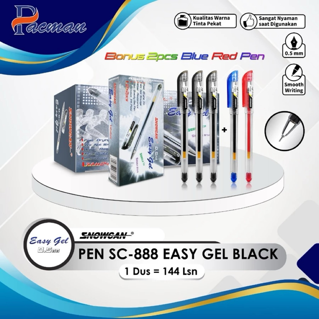 

[Isi 12+2 Pcs] Pulpen Gel Snowcan 0.5mm SC-888 - Pen Biru / Hitam