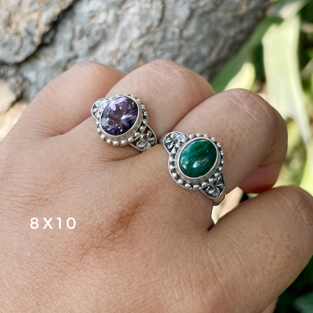 Cincin Ring Perak Silver Bali Asli 925 Ukir Jepun Kamboja Bunga Amethyst Ungu Hijau Malachite Pria L