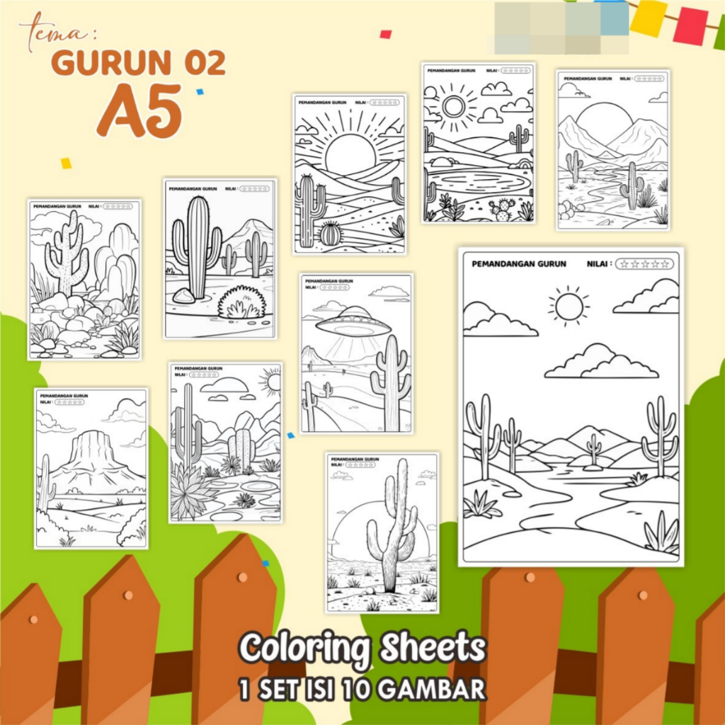 

KERTAS GAMBAR MEWARNAI TEMA GURUN - LEMBAR COLORING SHEETS FOR KIDS ISI 10 LEMBAR [A5] READY