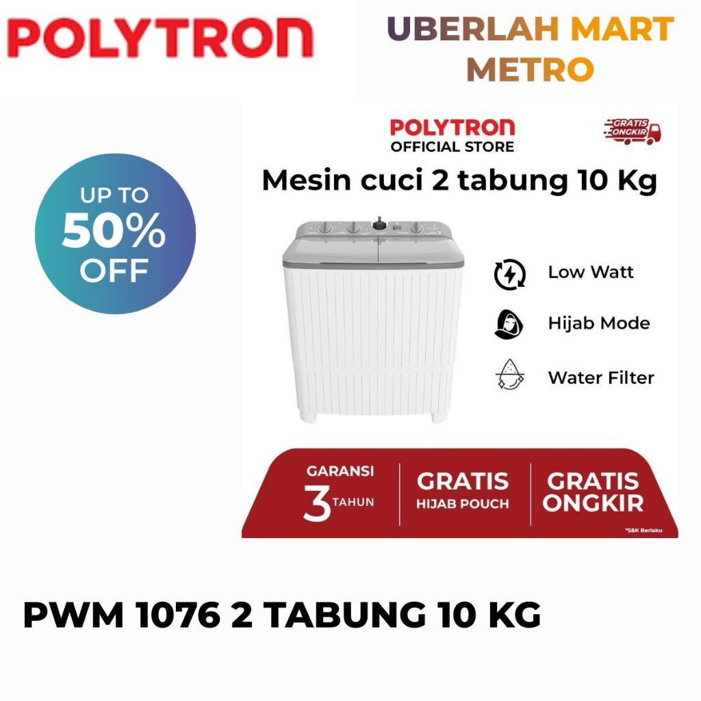 POLYTRON MESIN CUCI 2 TABUNG 10 KG PWM 1076