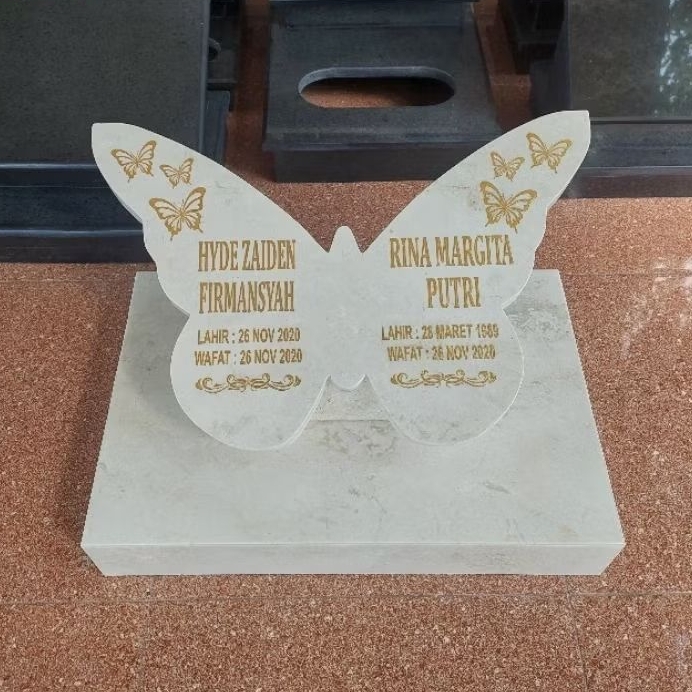 Maesan || Nisan || Papan nisan kotak box papan nama model kupu kupu bahan batu marmer putih ujungpan