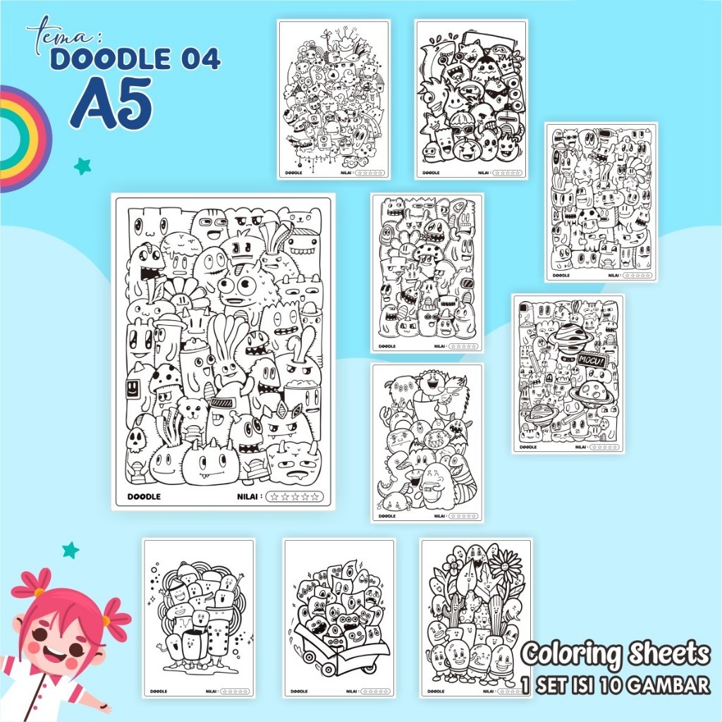 

Kertas Mewarnai A5 Anak Tema Doodle Art 04 Isi 10 Lembar - Coloring Sheet Satuan Tebal Gambar Tajam