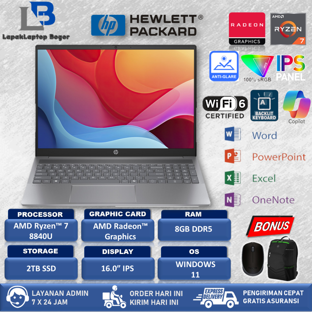 Laptop Hp Pavilion 16 AMD Ryzen 7 8840U Ram 8GB  2TB Ssd WUXGA Windows 11 Office 2024 Silver