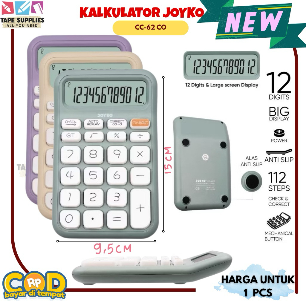 

Kalkulator Joyko CC-62CO 12 Digit Check & Correct – Layar Besar, Baterai, 112 Steps Replay