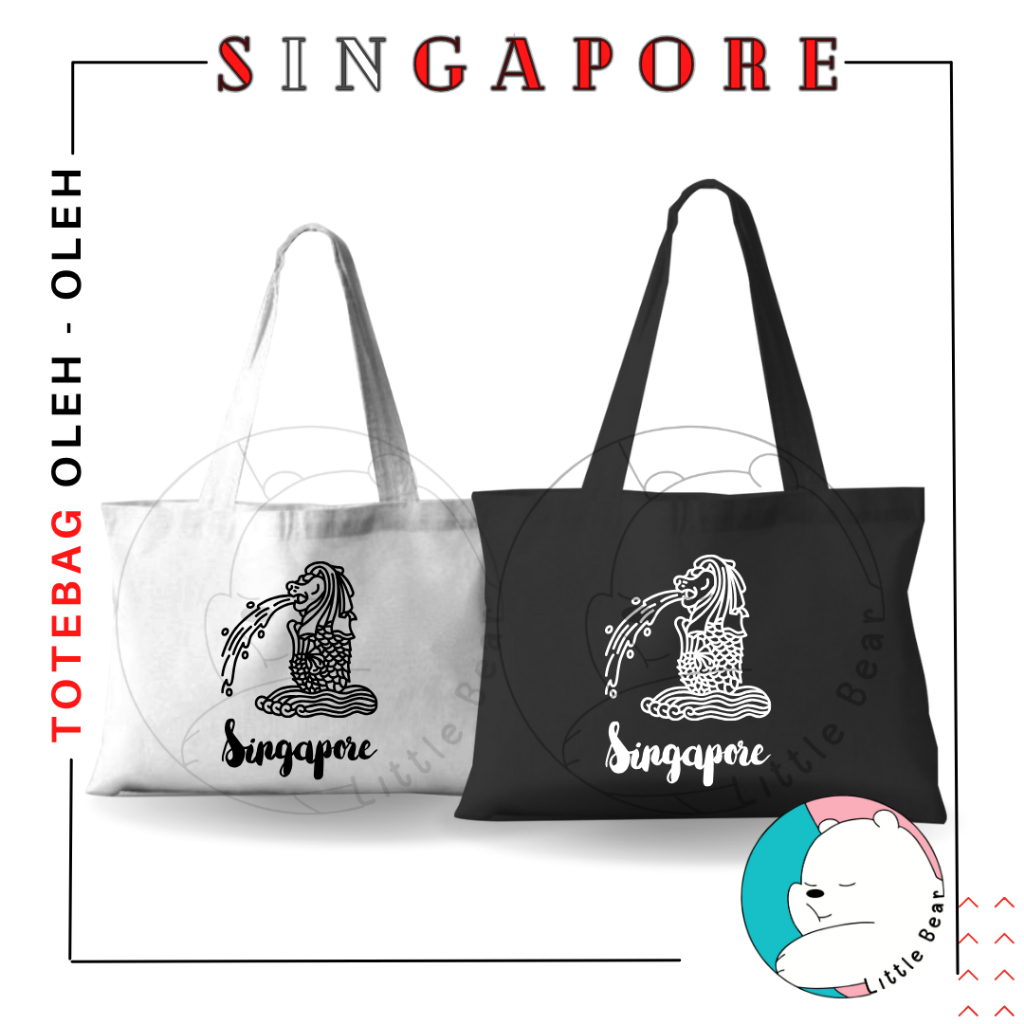 Littlebear Tote Bag Tas Oleh Oleh Singapore Totebag Wanita Unisex Singapura Blacu perekat Premium Mo