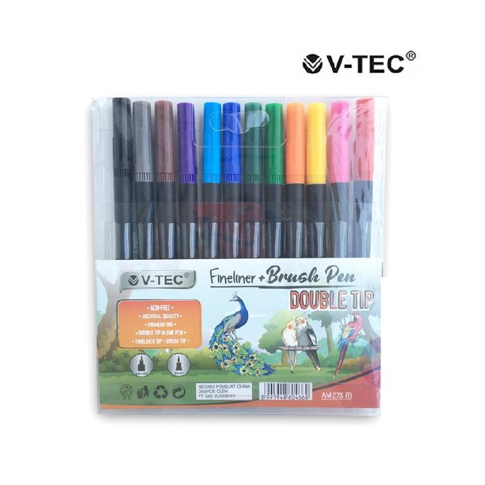 

tbmo Vtec Fineliner + Brush Pen AM 278 FB / Spidol 12 Warna Dual Tip 2 In 1