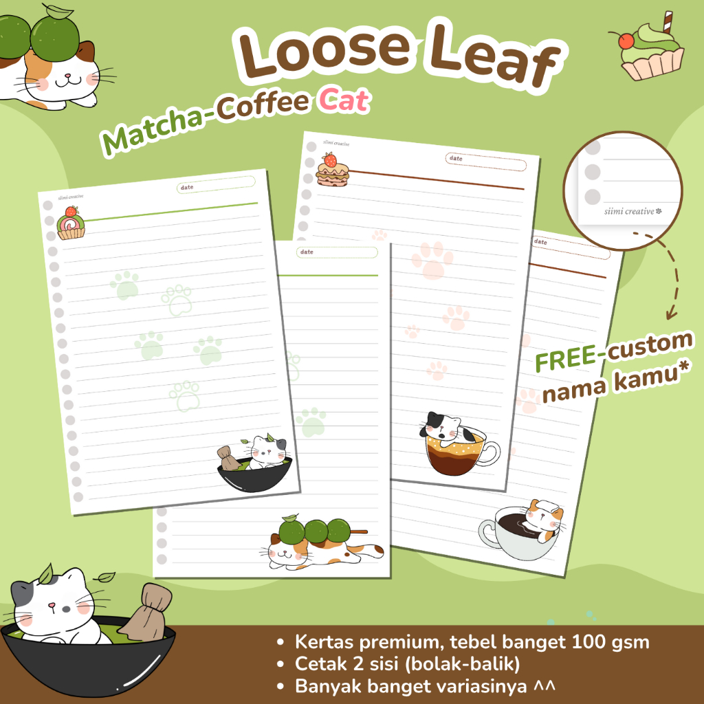 

LOOSE LEAF CUSTOM NAMA A5/B5 KERTAS REFILL BINDER - DESAIN MATCHA COFFE CAT ISI BINDER NOTEBOOK