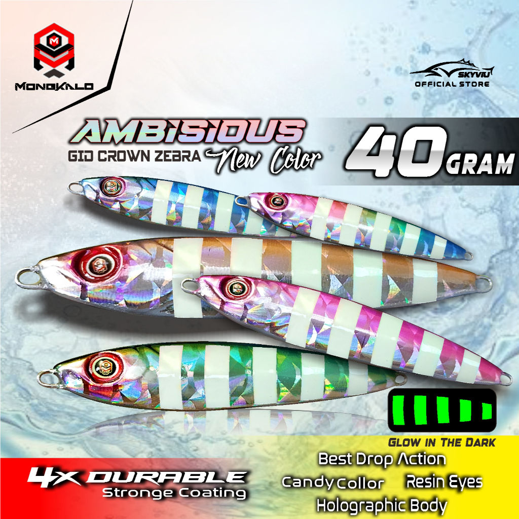 Umpan Metal Jig 40 Gram MONGKALO AMBISIOUS GID Zebra Kipas Glow In The Dark Sisik Besar Micro Jig 40