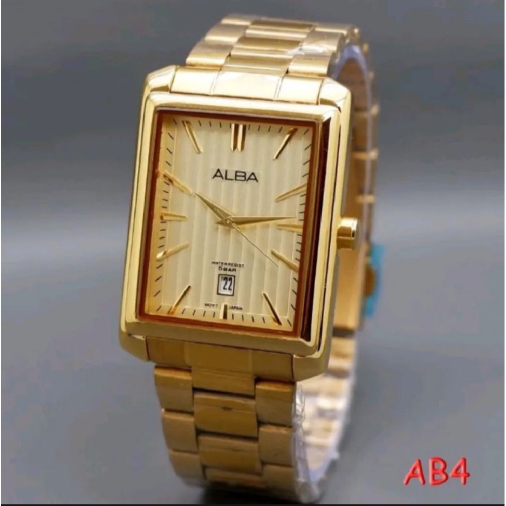 Jam Tangan Pria Alba Original persegi Bentuk kotak Tanggal aktif Rantai stainless steel Water resist