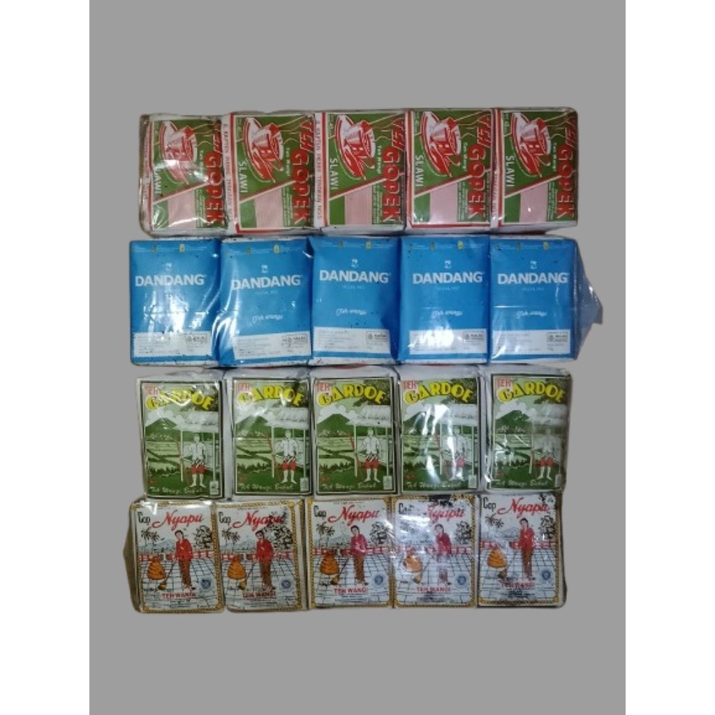 

Paket teh racikan 4 press (Gopek, Dandang biru, Gardoe hijau,Nyapu)