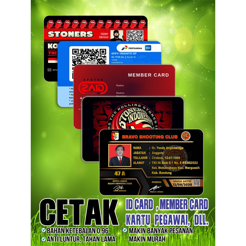 

ID card / Member card, KTA, Free desain, Tidak luntur, tinta kuat, Bahan PVC.