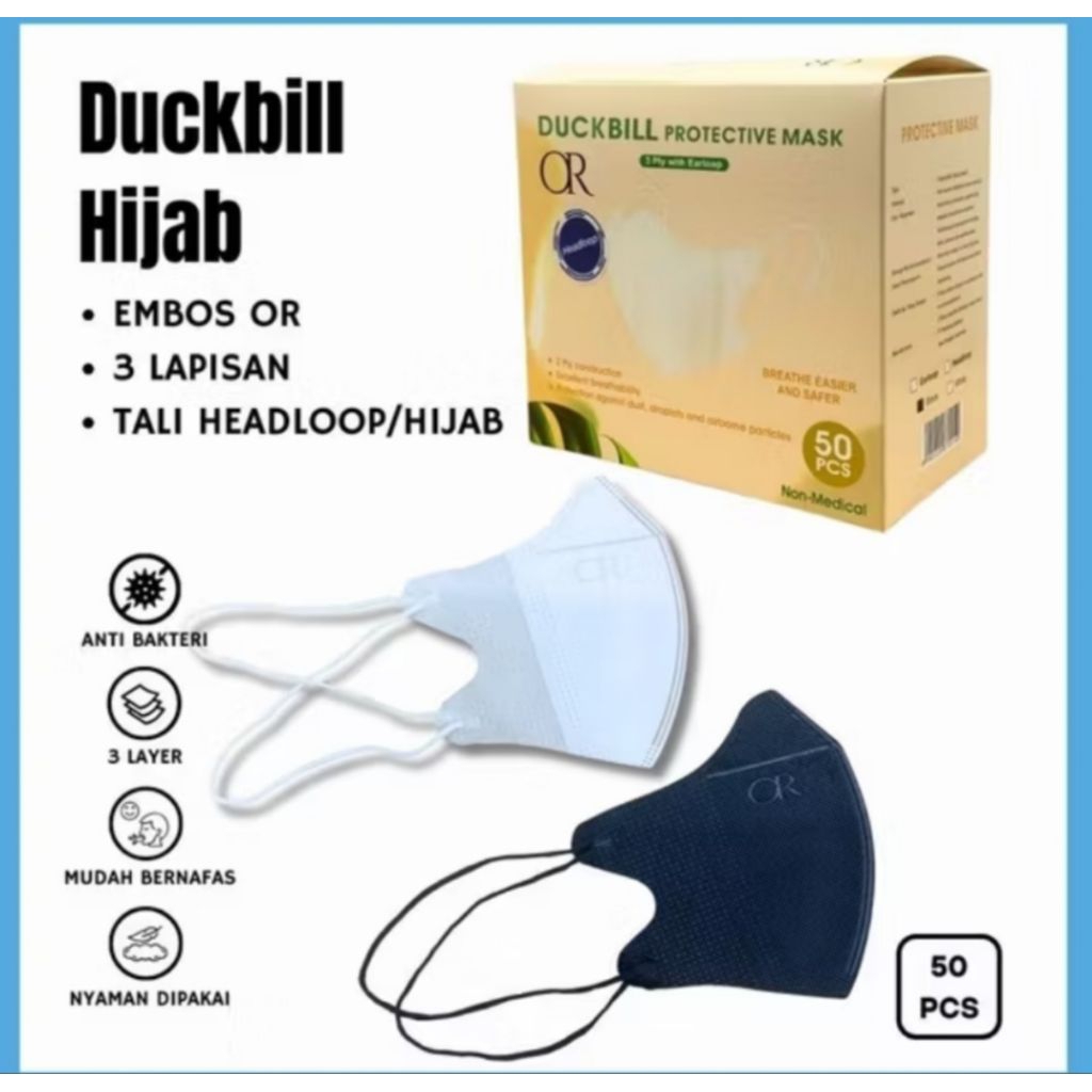 Masker Duckbill OR 3ply Hitam Putih Box isi 50pcs DB BOX OR 3PLY CANTOL & HIJAB by ORLEE