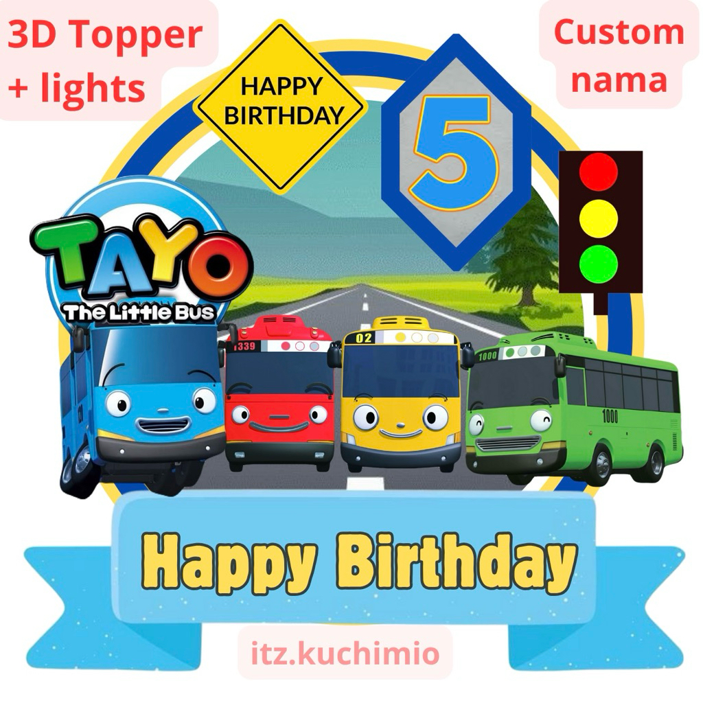 Custom topper kue 3D Tayo the little bus Topper lights Tayo toper kue ulang tahun tema bis Tayo cake