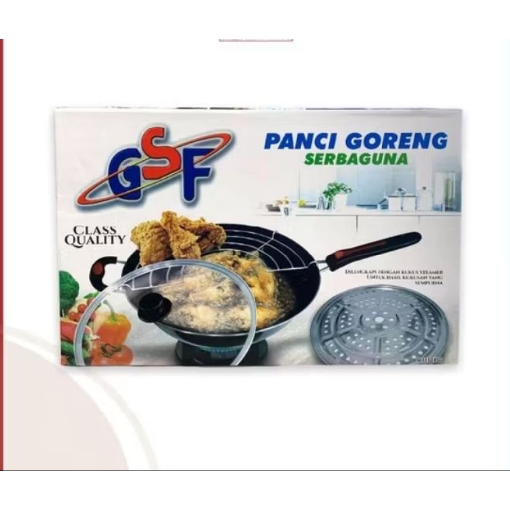 GSF Panci wajan goreng anti lengket enamel tutup kaca+tirisan minyak + kukusan 32cm