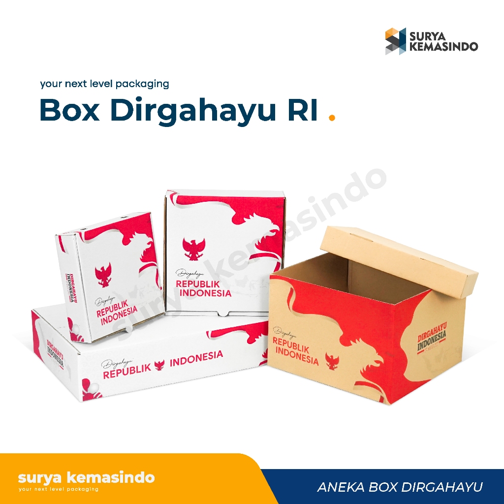 

ANEKA BOX DIRGAHAYU REPUBLIK INDONESIA/KARDUS MODEL NORMAL/JINJING/MAILER/HAMPERS