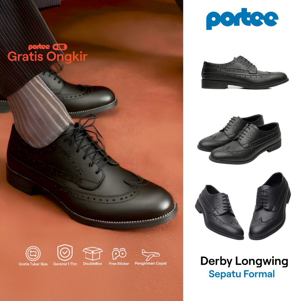 Sepatu Kerja Pria Portee Goods Derby Longwing Hitam