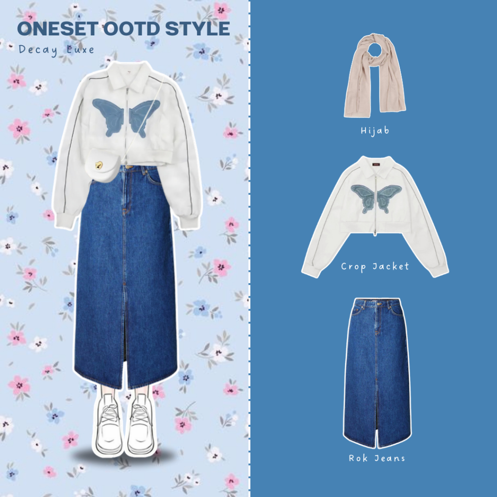 Decay Luxe 3in1 Setelan Outfit Remaja ( Jacket, Rok Jeans, Hijab ) One Set Outfit Wanita Kekinian