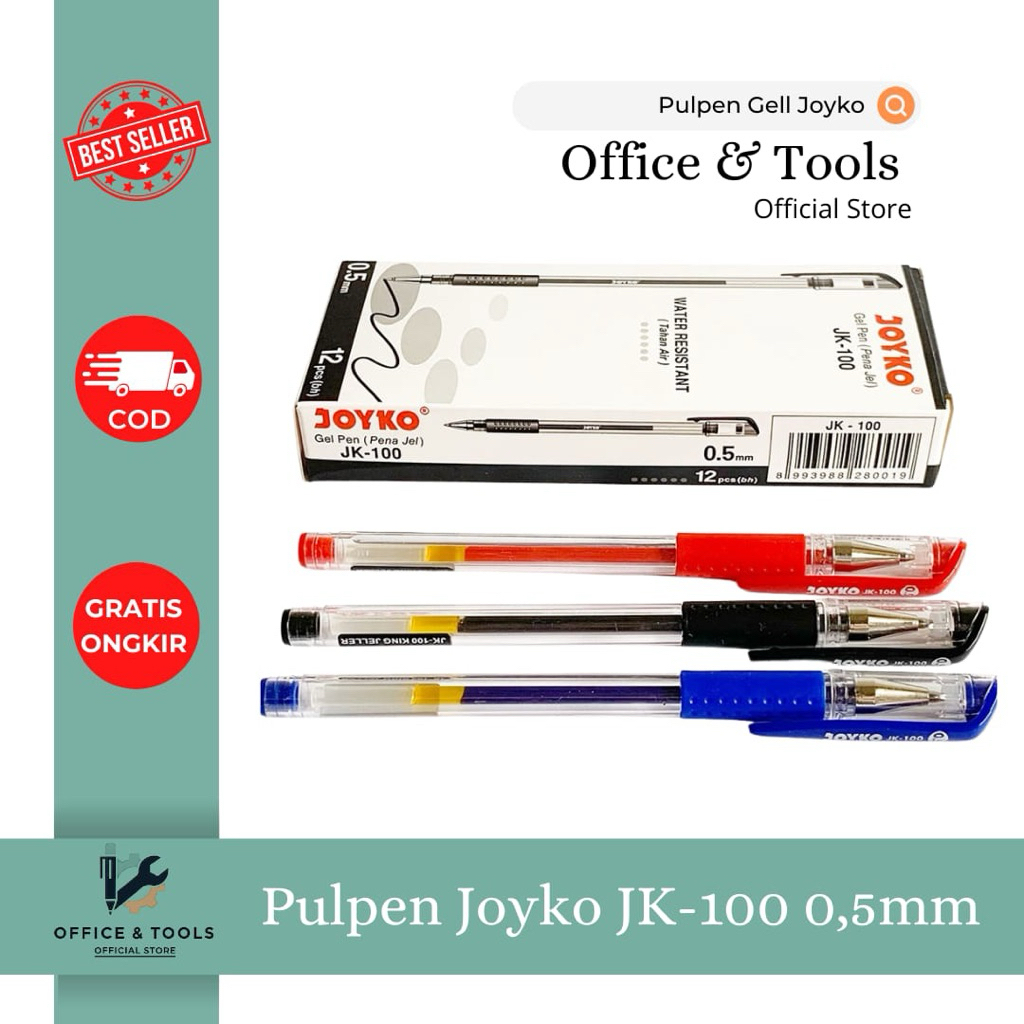 

Pulpen Joyko JK-100 0.5mm Gel Pen Tinta Water Resistant Hitam Biru Merah Pena Gel Office & Tools