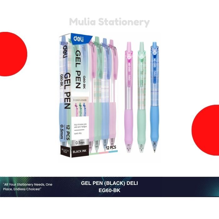 

(1 Kotak isi 12 pcs) Gel Pen (Black Ink) EG60-BK Deli | Gel Pen 0,5 mm | Pena Sekolah | Alat Tulis Sekolah