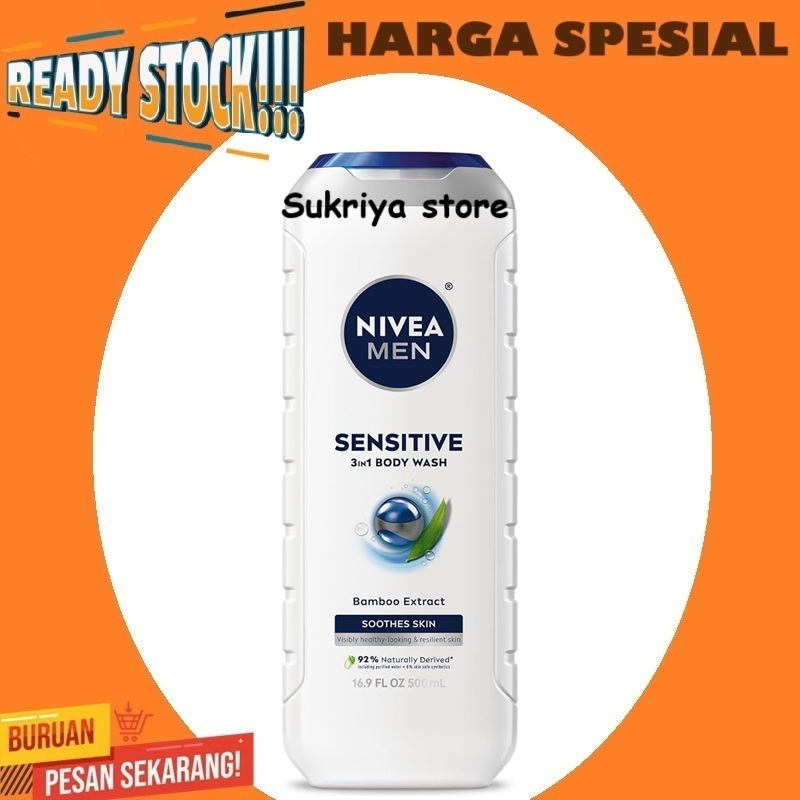 Nivea Men Sensitive 3in1 Body Wash Bamboo Sabun Mandi Pria Pembersih Pelembab Cuci Muka Sampo Men's