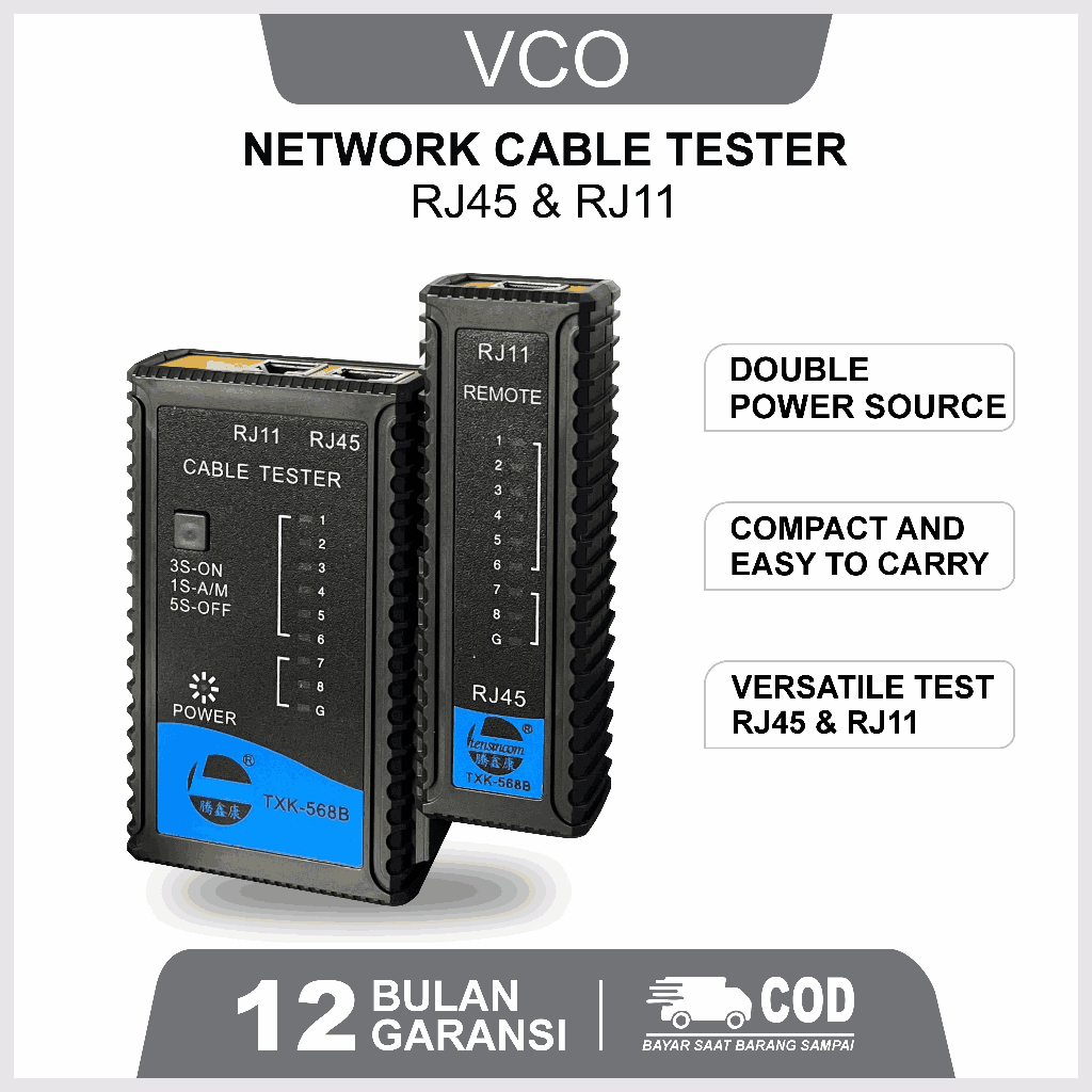LAN Cable Tester RJ45 RJ11 Alat Uji Kabel Jaringan Ethernet + Free Baterai 9V
